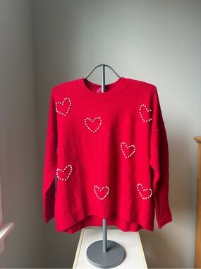 NWT Vince Camuto Red Pearl Heart Crewneck Sweater - M